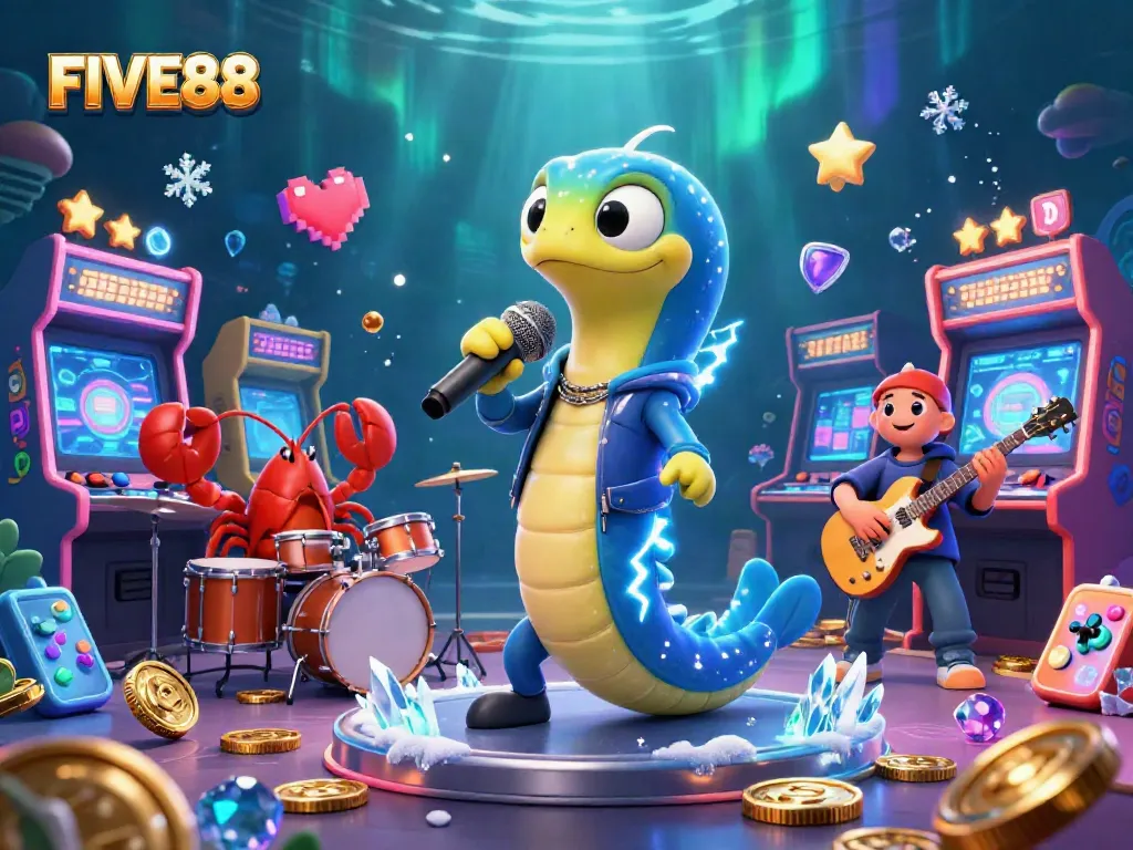 Experience the vibrant underwater casino scene featuring FIVE88's electric eel DJ and unique game elements for thrilling entertainment.