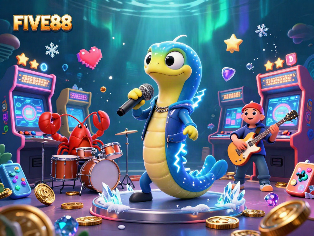 Experience the vibrant underwater casino scene featuring FIVE88's electric eel DJ and unique game elements for thrilling entertainment.