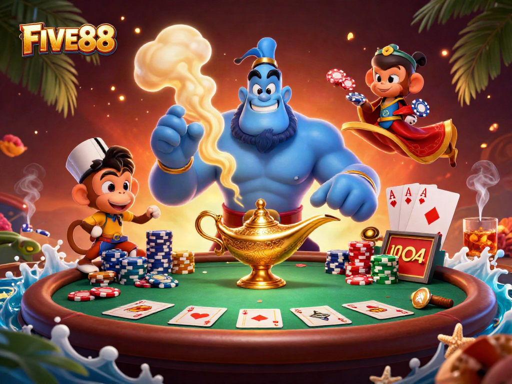 Engage with FIVE88’s thrilling gaming world featuring a genie, poker chips, and enchanted gameplay.