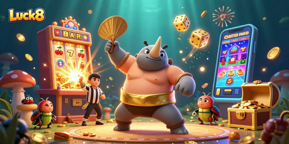 Luck8 highlights casino excitement as cartoon beetles celebrate wins with gold and vibrant games.