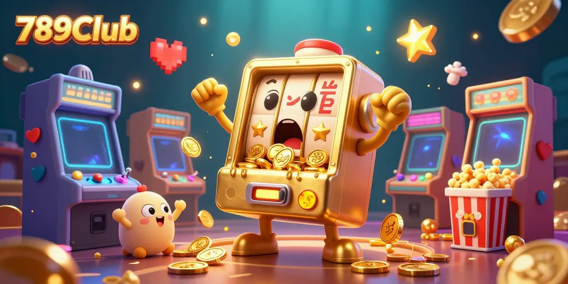 Immerse in 789Club's animated gambling world where a golden slot machine hits jackpot, surrounded by cheering baby slots and glowing arcade machines.