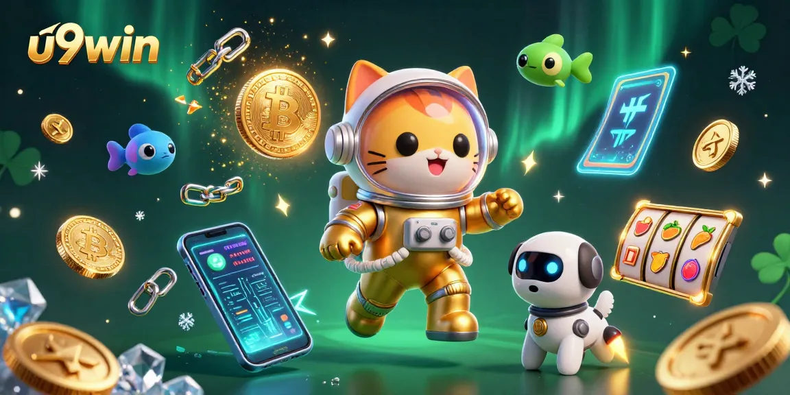 Join the excitement of u9win with this vibrant illustration showcasing dynamic slot games and crypto elements.