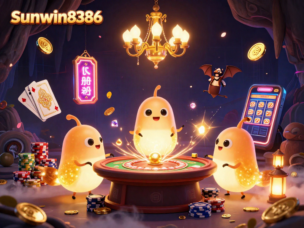 Experience excitement at sunwin8386 with vibrant casino glowworms lighting up a cave filled with games.