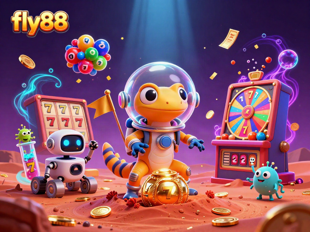 Fly88's Martian gecko explores a golden casino scene filled with vibrant gambling elements.