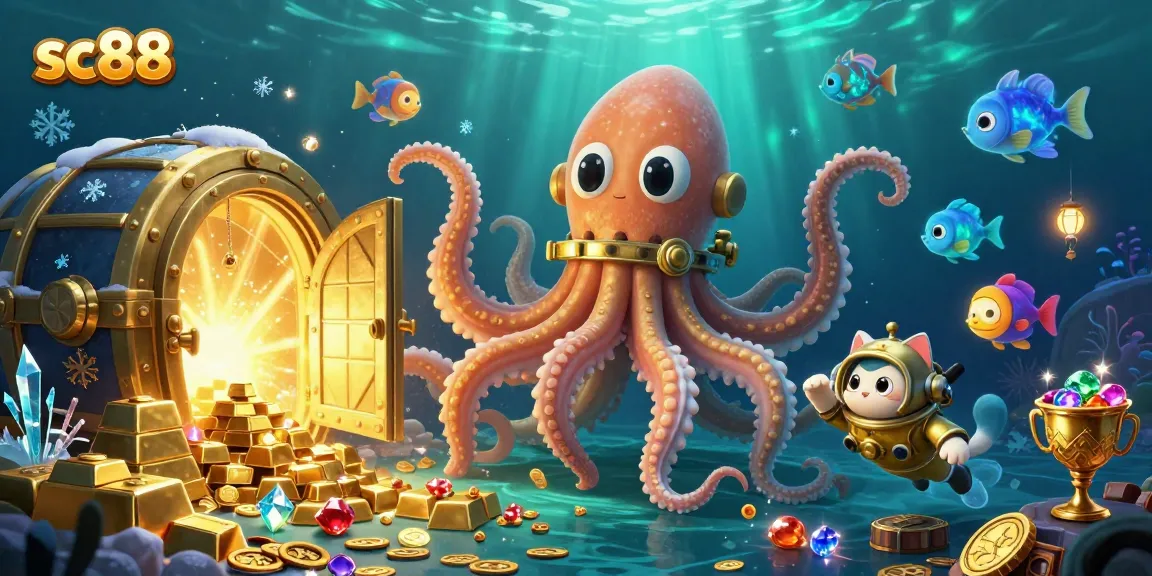 Engage in thrilling adventures at sc88 with a vibrant 3D underwater scene featuring a kraken and treasure