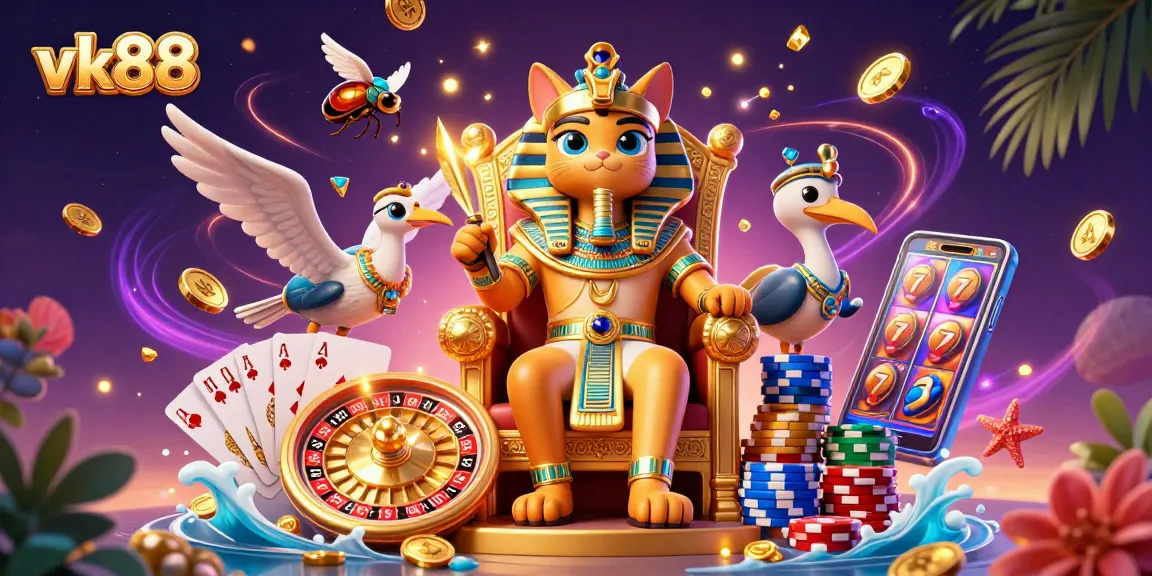 Experience winning at vk88 with a dynamic casino scene featuring ornate characters and lively gaming elements.