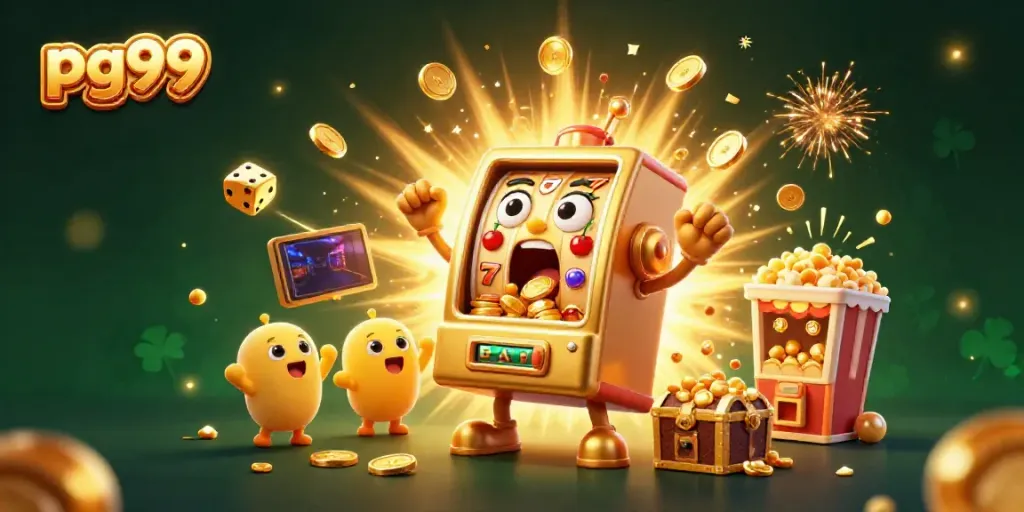 Experience the excitement of pg99 in an energetic casino scene with golden slot machines and a jackpot explosion!