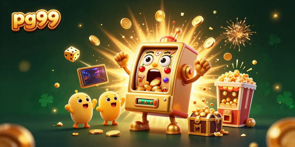 Experience the excitement of pg99 in an energetic casino scene with golden slot machines and a jackpot explosion!