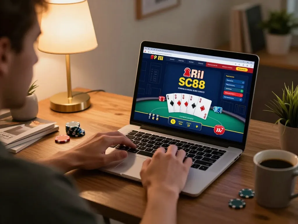Player strategizing on the SC88 app while engaged in online poker, showcasing an inviting home office atmosphere