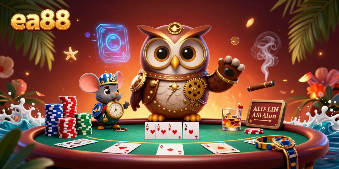 ea88 offers a vibrant online casino experience featuring a time-traveling owl in a steampunk setting playing poker.