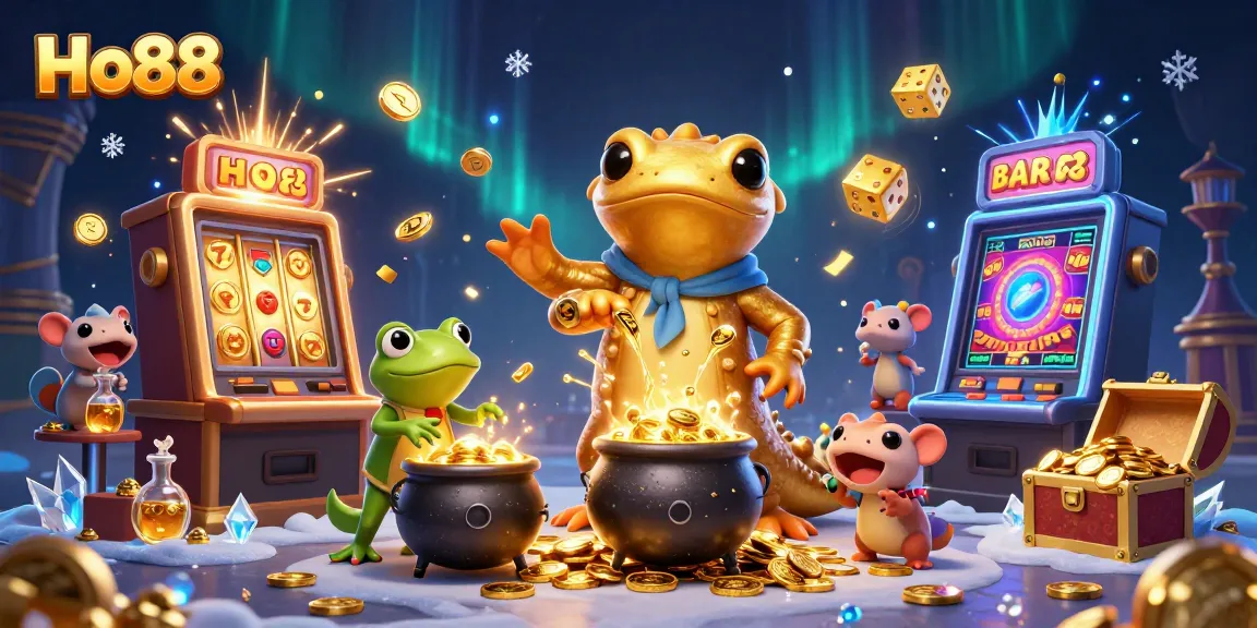 Experience thrilling gameplay at Ho88 with alchemists creating gold and vibrant casino elements.
