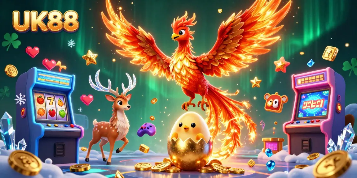 Play exciting slot games with UK88, featuring vibrant visuals of phoenix and gaming elements in a captivating setting.