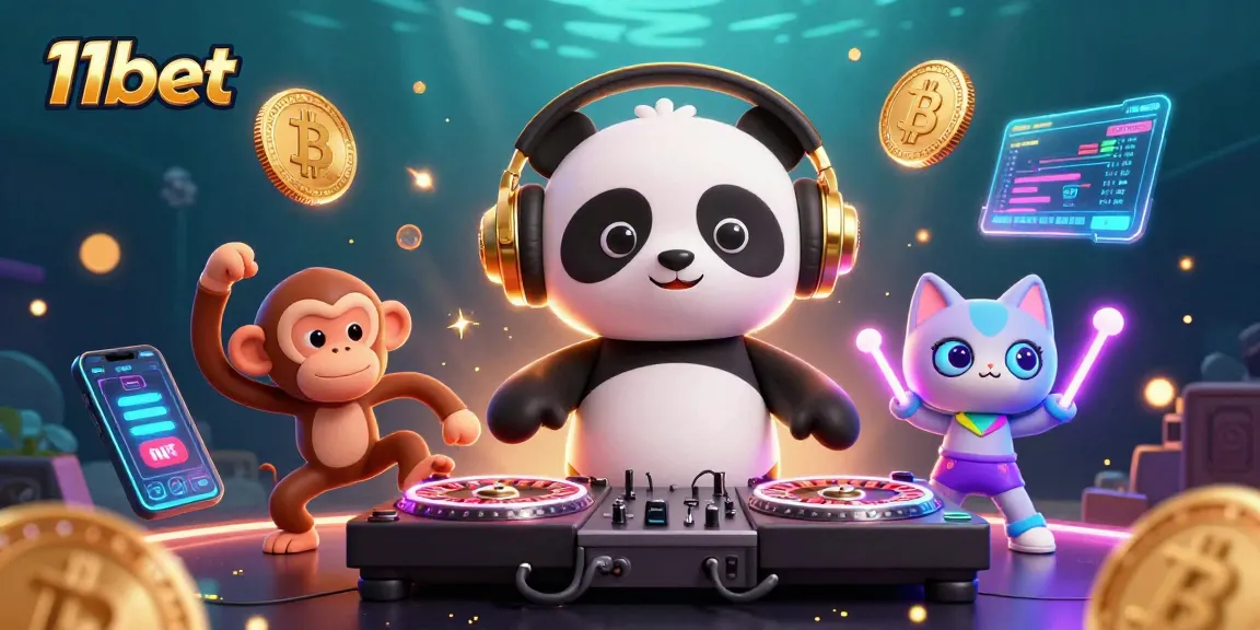 Engage in thrilling gameplay at 11bet as cartoon characters embody excitement in a lively casino scene.
