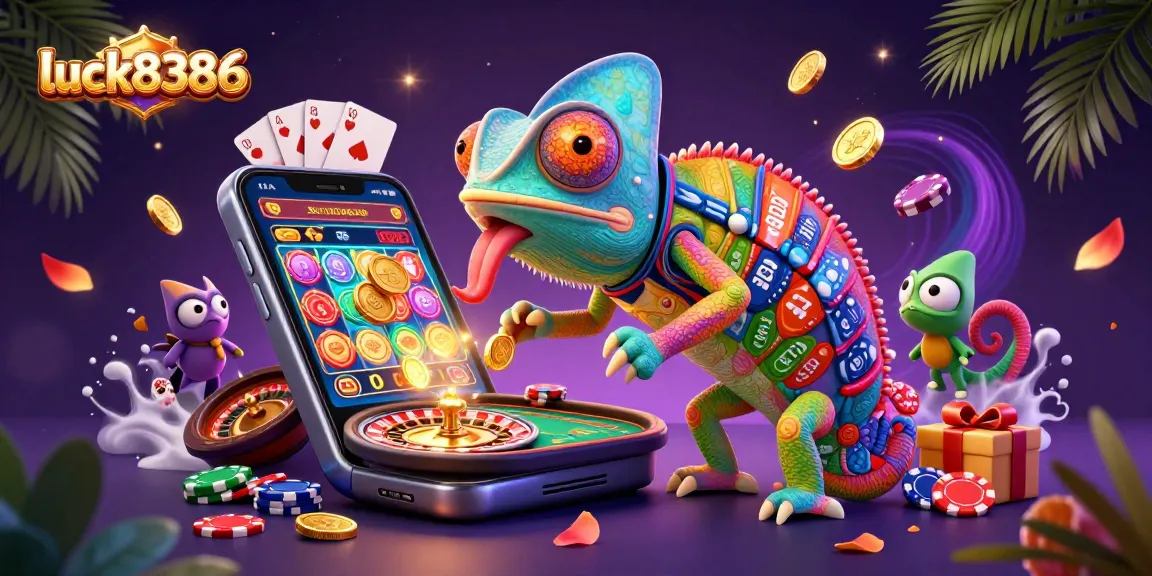 Experience the thrill of casino gaming with luck8386’s vibrant 3D chameleon owner capturing golden coins.
