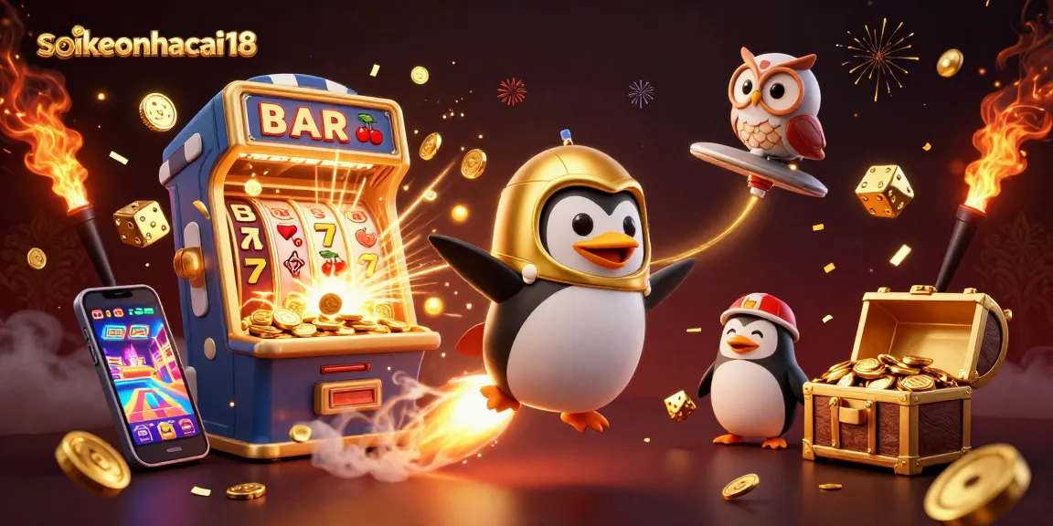 Engage with soikeonhacai18 as the golden penguin navigates a vibrant casino cosmos filled with jackpots and excitement.