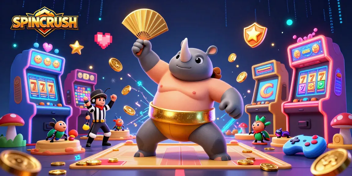 Experience SPINCRUSH with dynamic golden coin stomps from a sumo beetle champion in a vibrant gaming scene.