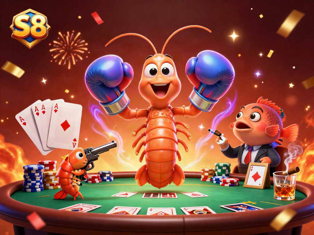 Join the S8 poker showdown with vibrant 3D mantis shrimp and colorful chips!