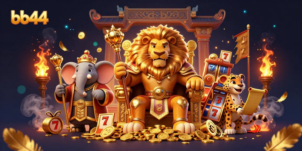 Engage with the vibrant scene of bb44, featuring a lion king, elephant advisor, and cheetah messenger in an exciting casino atmosphere.