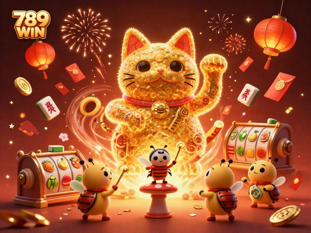Engage with 789 WIN through this vibrant 3D illustration of a lucky cat amidst slot reels and festive elements.