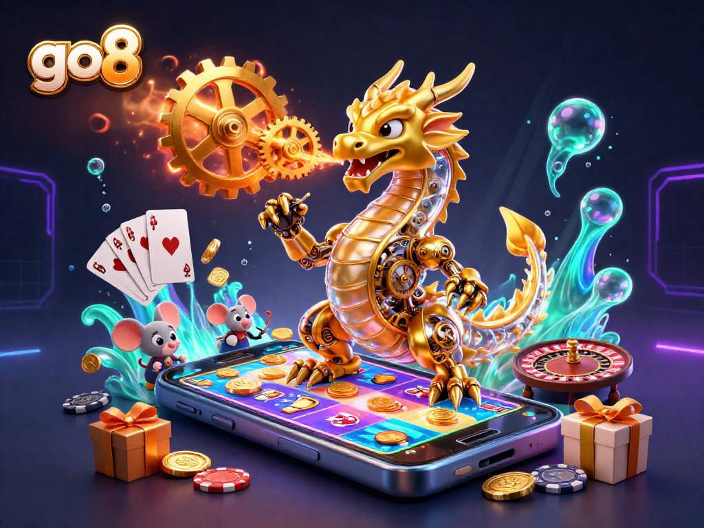 Engage with go8, the dynamic online casino featuring a golden dragon and vibrant slot games.