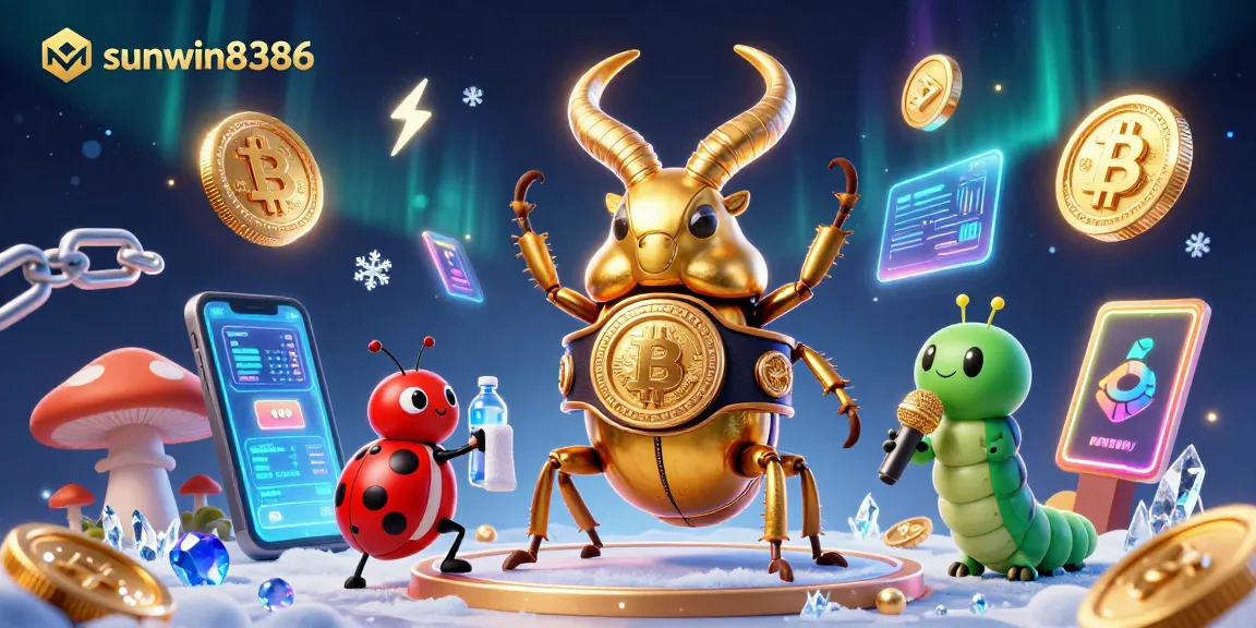 Engage with sunwin8386's vibrant cartoon illustration of a golden stag beetle boxing champion amidst crypto elements