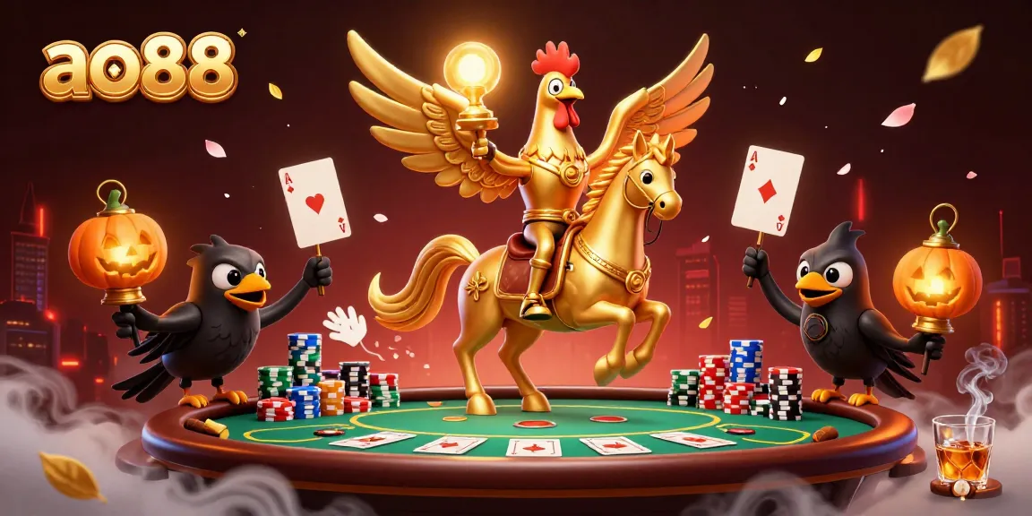 ao88 brings excitement to a lavish casino adventure with a golden rooster and spectral horse.