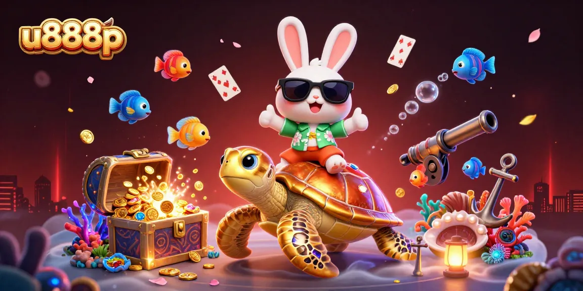 Experience thrilling gameplay with u888p, featuring a lucky rabbit and a golden turtle amidst vibrant casino visuals.