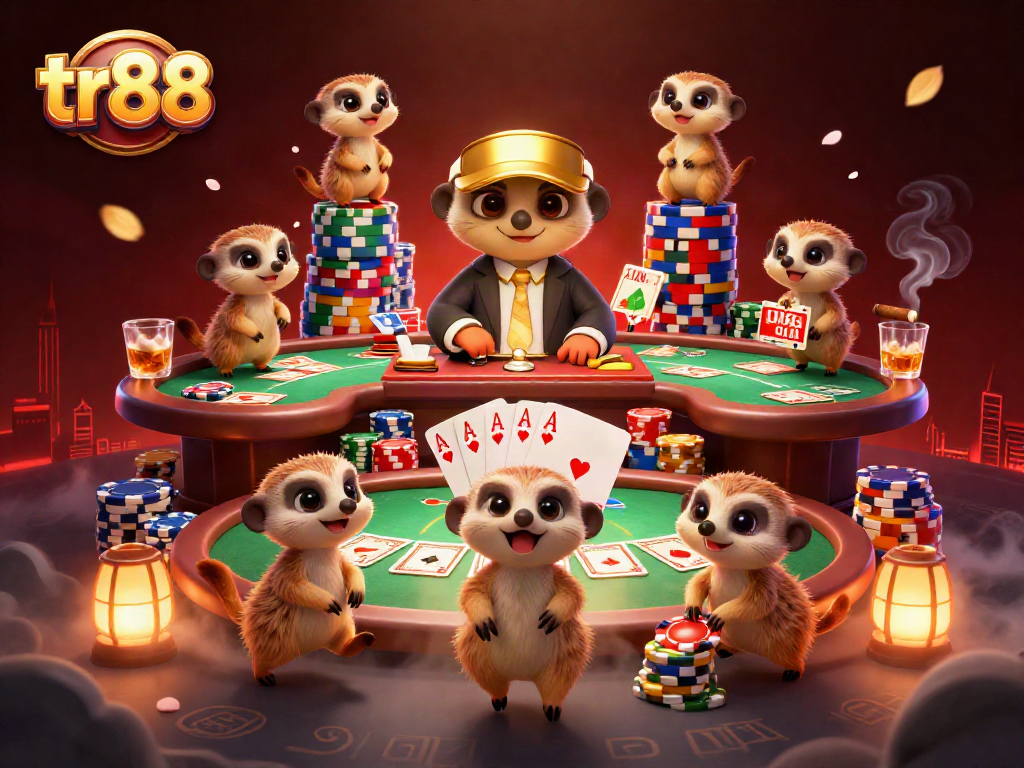 tr88 meerkats running a lively casino operation with vibrant gaming elements and a dynamic atmosphere