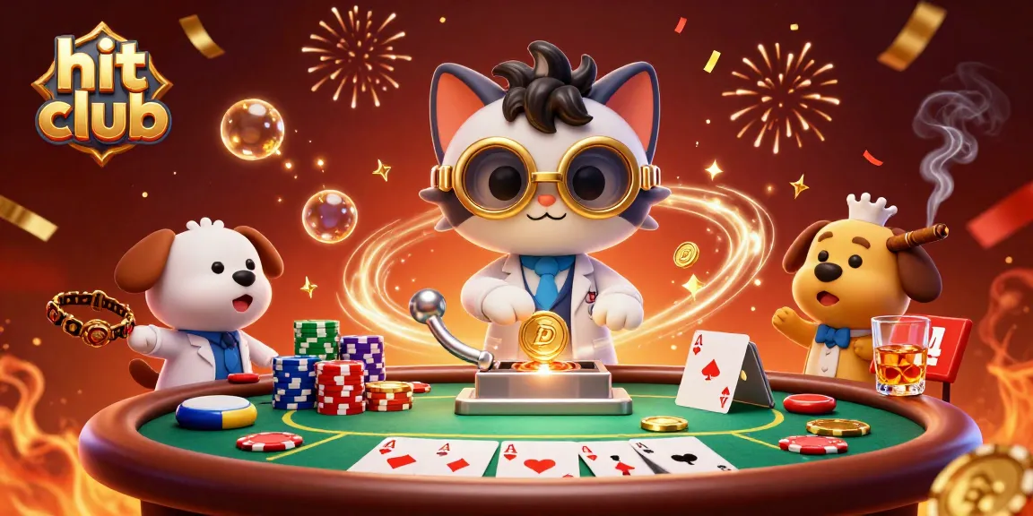 Hit club showcases a lively casino scene with a mad scientist and his dog creating fun surprises amidst poker excitement.