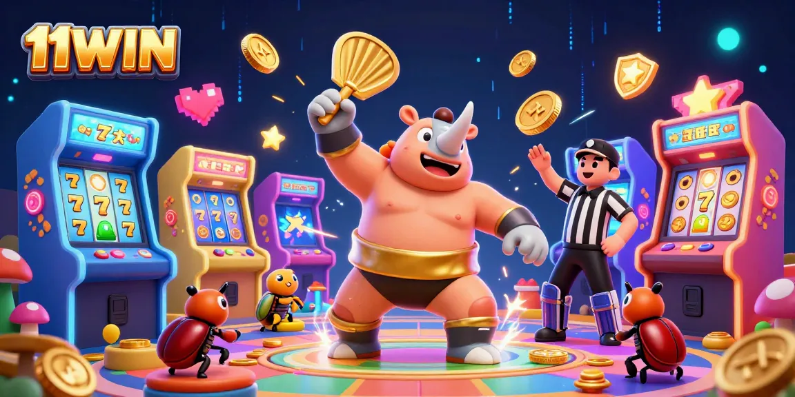 11WIN offers dynamic slot gaming excitement with a rhinoceros beetle champion in an arcade style.