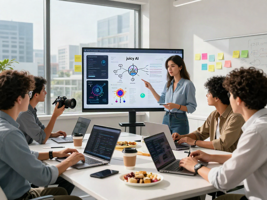 Collaboration in a tech team showcasing juicy AI insights during a vibrant meeting.