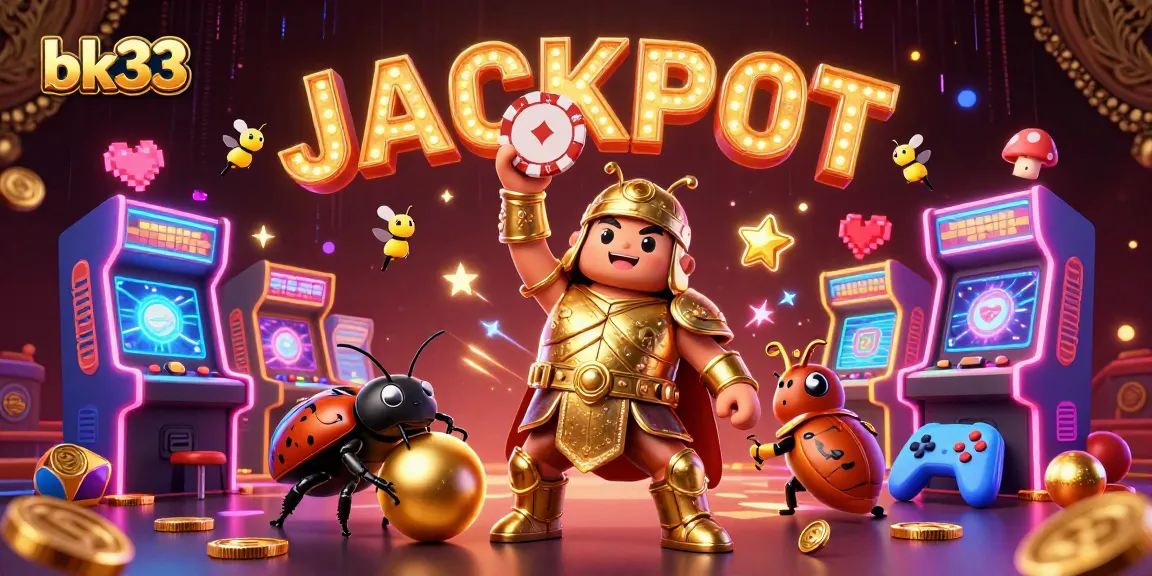 bk33 jackpot celebration with a golden armored beetle and vibrant casino elements all around