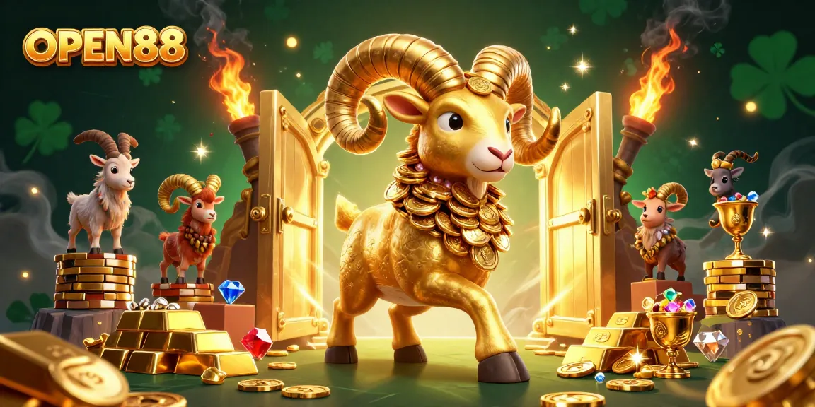 Experience immersive gameplay at OPEN88 with a golden ram charging through treasures in a vibrant casino scene.