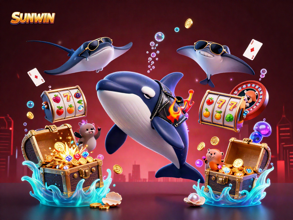 SUNWIN promotes excitement with a whimsical scene of a biker orca, stingray, and otters amidst vibrant casino elements.