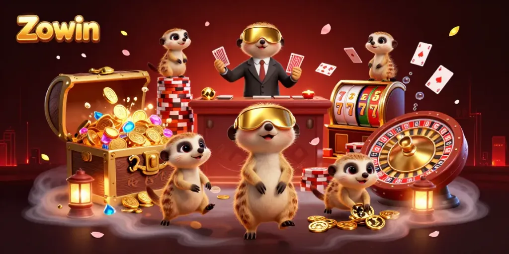 Zowin casino scene with meerkats operating games, showcasing vibrant gaming elements and gold coins.