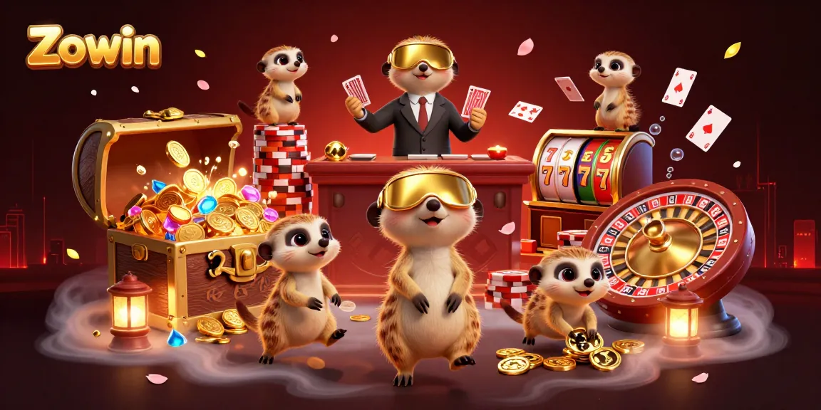 Zowin casino scene with meerkats operating games, showcasing vibrant gaming elements and gold coins.