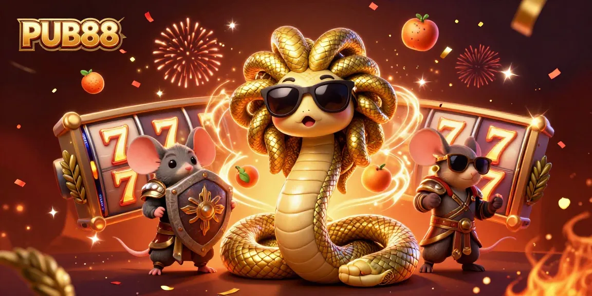 Spin the reels at PUB88, featuring a friendly Medusa and warrior mouse in a vibrant casino scene.