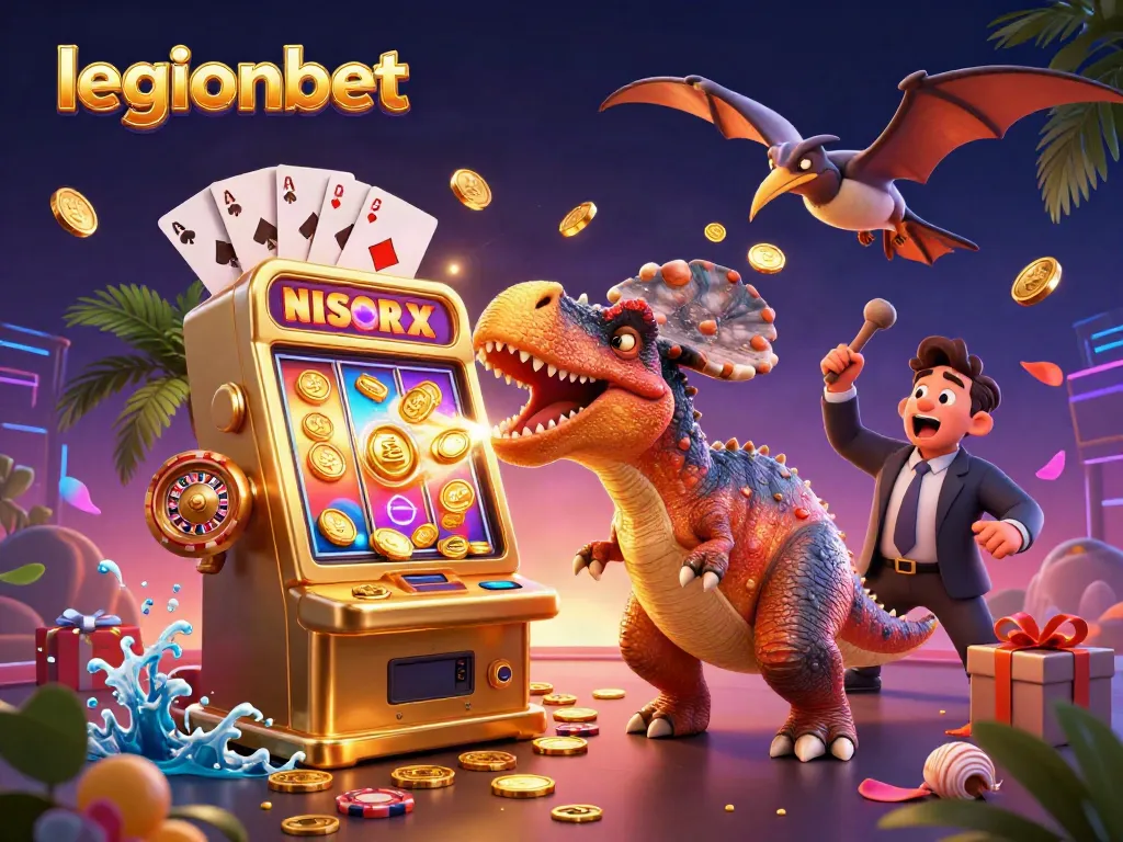 Legionbet rewards players as a pachycephalosaurus wins coins from a golden slot machine.