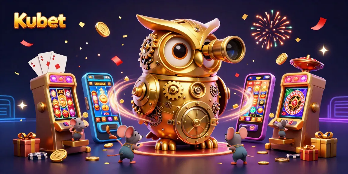 Kubet's immersive casino experience showcases a lively 3D scene with a whimsical owl and tiny mice amidst vibrant slots.