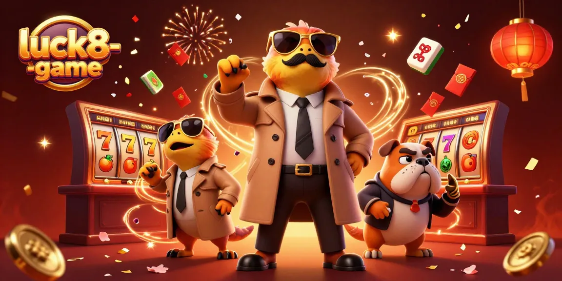 Engage with luck8-game as raptors humorously attempt VIP entry amidst slot reels and festive elements.
