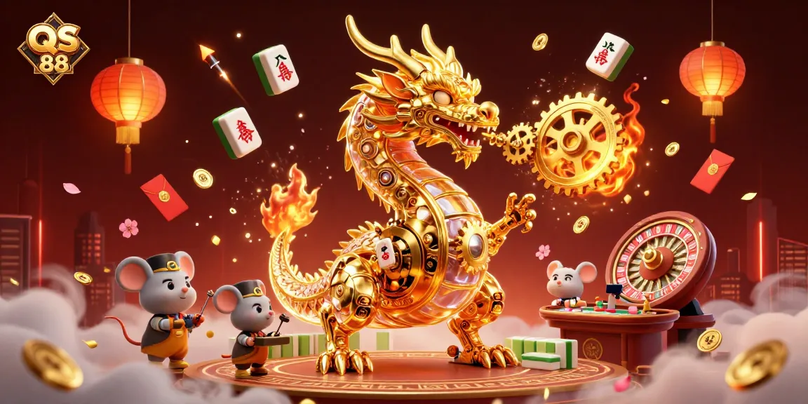 Experience thrilling gameplay with QS 88's golden dragon illustration, featuring vibrant casino elements.