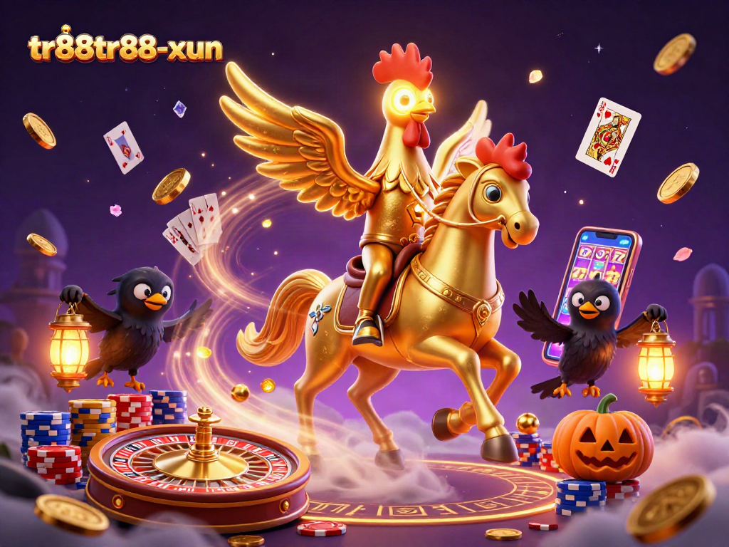 tr88tr88-xun embodies casino excitement with a golden rooster and luminous elements in a vivid 3D scene