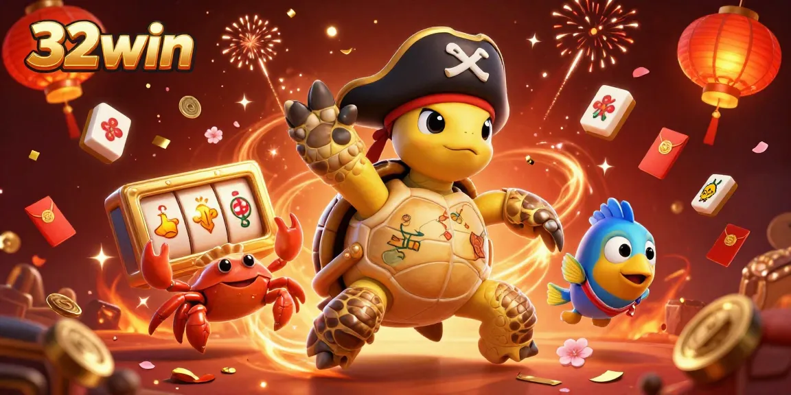 Spin the reels with 32win and unveil treasures amidst a vibrant casino backdrop.