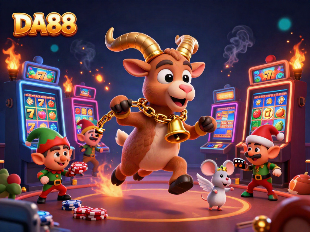Engage in festive casino fun with DA88's Krampus goat and mischievous elves amidst colorful slot machines.