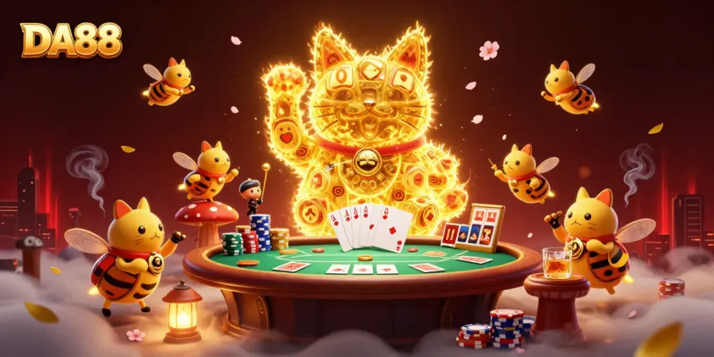 Experience DA88's thrilling casino scene with a lucky cat surrounded by poker elements and vivid effects.