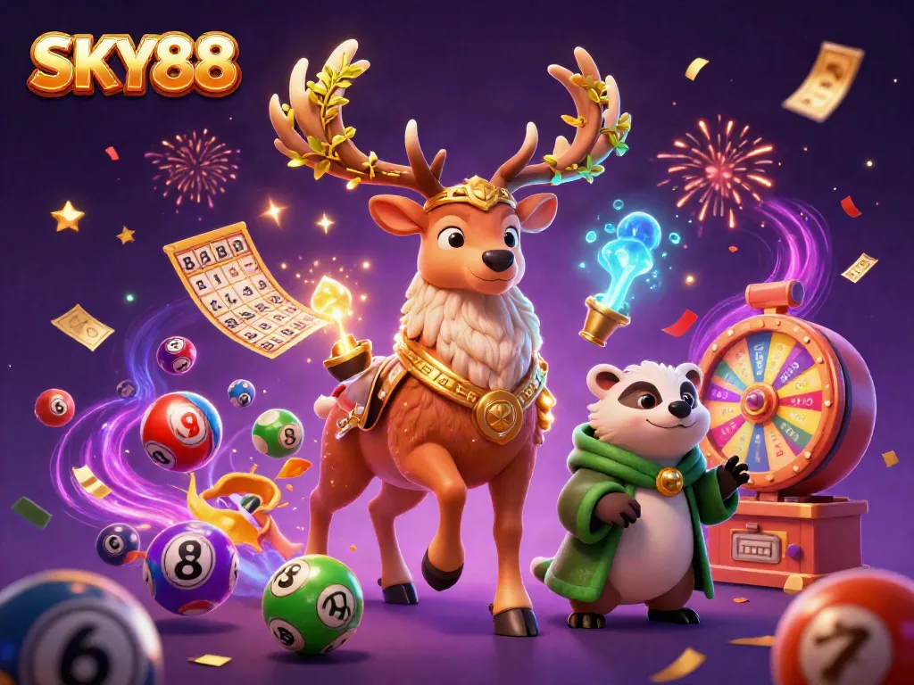 Experience the excitement of SKY88 with colorful elements and dynamic scenes in a vibrant casino atmosphere.