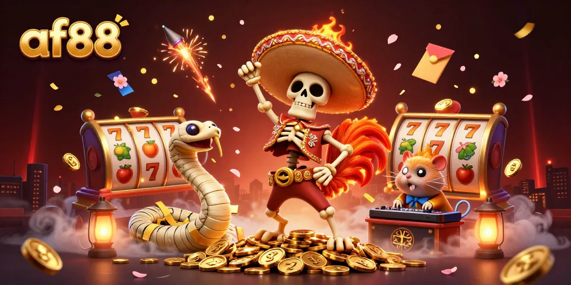Experience the thrill with af88 as a mariachi rooster celebrates on golden coins amidst vibrant gaming symbols.
