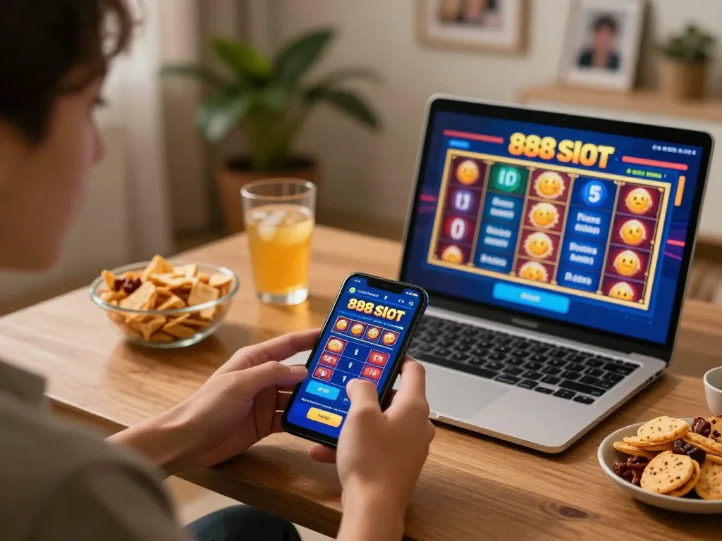 Engaging player enjoying 888slot app for online gambling in a cozy home setting.