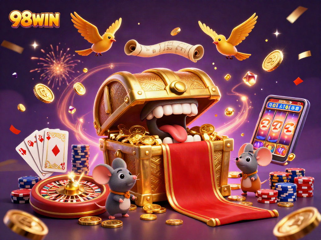 Engage in thrilling gameplay with 98WIN, featuring a treasure chest and dynamic casino elements.