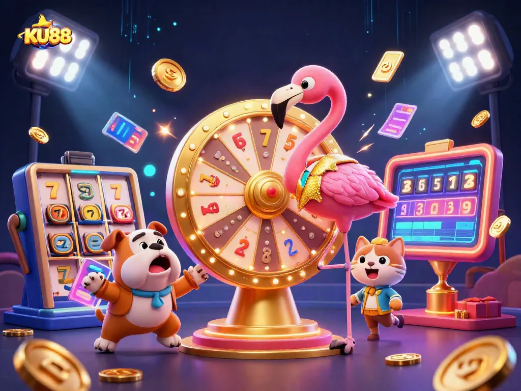 KU88's lively casino environment features a 3D game show host, bulldog contestant, and scoreboard assistant.